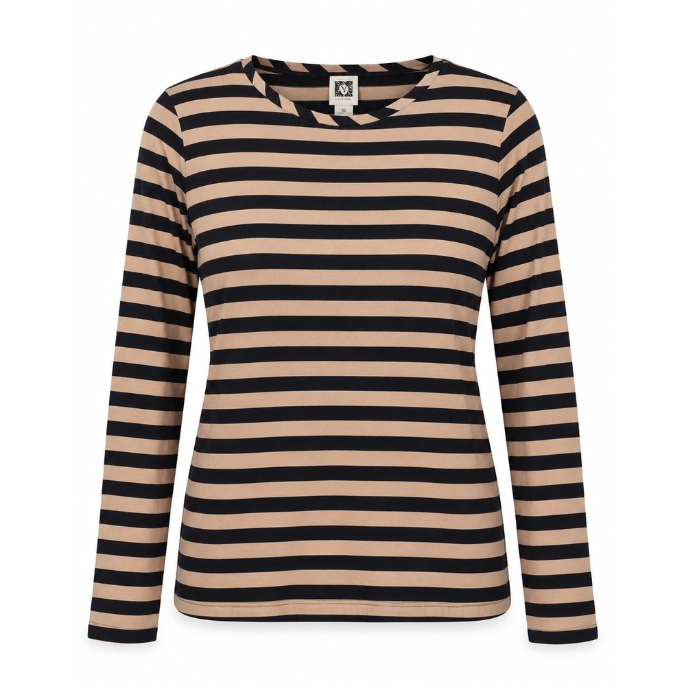 Anne Klein Striped Long Sleeve Top XL Tan Black Zipper Cuff Crew Neck Knit